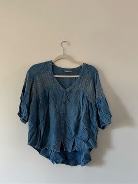 Young Threads Blue Chambray Flowy Boho Yoke Top Western Chic